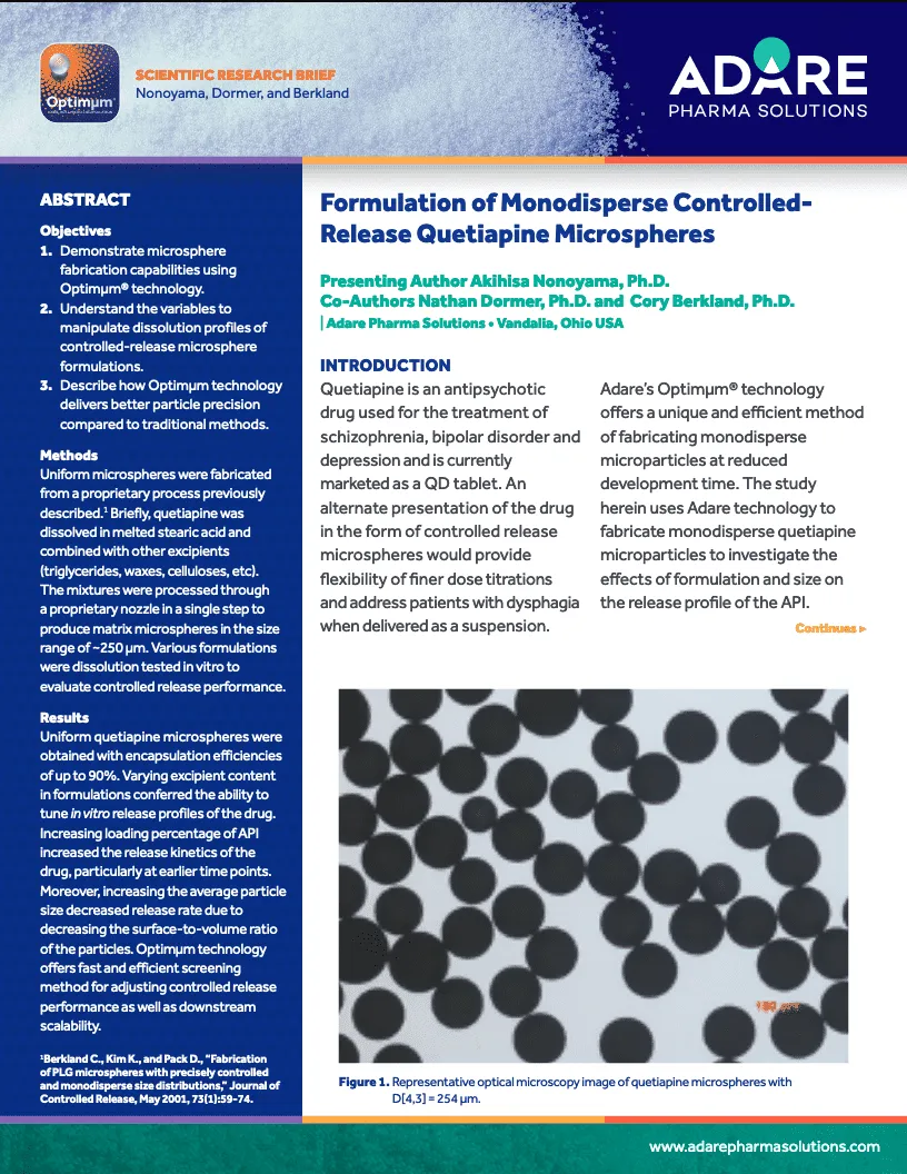Formulation of Monodisperse Controlled-Release Quetiapine Microspheres Nonoyama Scientific Briefing